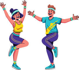 Energetic fitness dance, aerobic workout, animated characters, sporty couple, active lifestyle, exercise routine, healthy movement, gym fashion, fun training, vibrant illustration