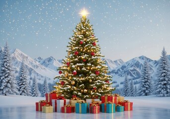 Decorated christmas tree with gifts in snowy mountain landscape