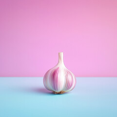 A single bulb of garlic with purple and white streaks placed on a blue surface against a pink background, creating a vibrant and minimalistic composition.
