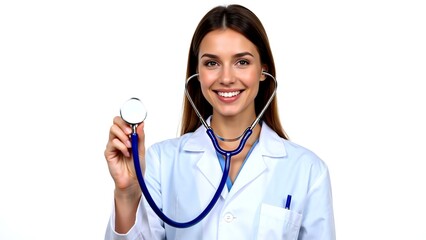 Happy young woman physician in a white uniform holding a medical stethoscope for auscultation, offering a friendly healthcare consultation against an isolated background