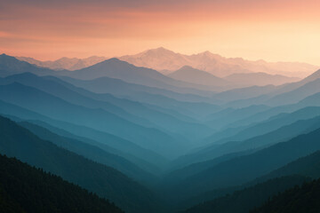 Fototapeta premium Scenic Himalaya mountain range at sunrise with layered ridges, yellow, orange, blue and violet tones background 
