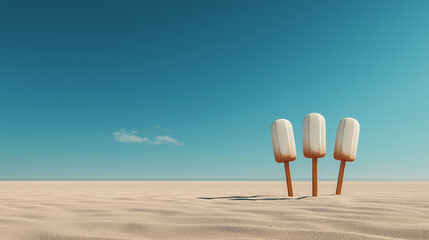 Three melting ice cream popsicles stand upright in the sand on a bright sunny day with a clear blue sky