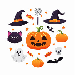 Fototapeta premium Halloween Vector Icon Set with Pumpkins and Ghosts