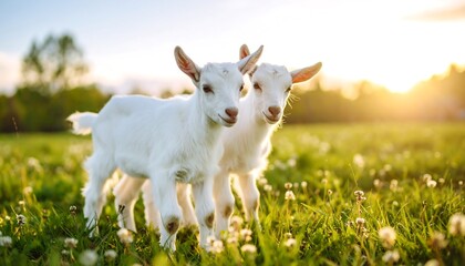 Obraz premium Two baby goats in a field at sunset