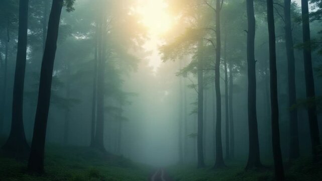 deep fog in the rain forest and sun ray
