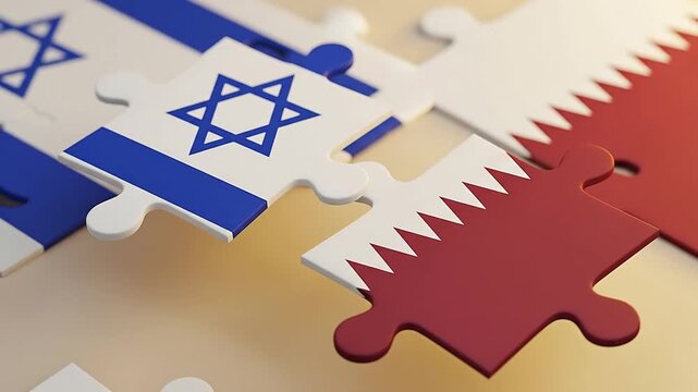 Close-up of interlocking puzzle pieces featuring the design of the Israeli flag and a red puzzle piece with zigzag edges, symbolizing political, cultural, or diplomatic connections, cooperation, and