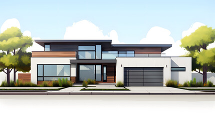 Modern single house with large windows, clean facade, and grey roof in front view.