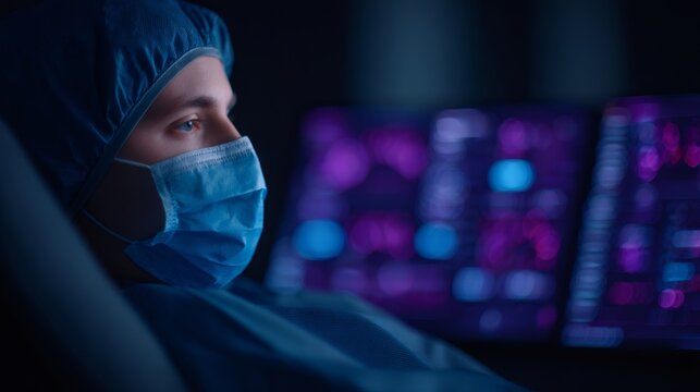 Female doctor in protective uniform working with advanced medical technology. Future healthcare research and scientific innovation.