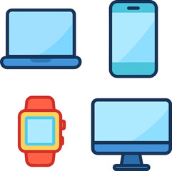 Vector graphic illustration of modern electronic devices including a laptop, smartphone, smartwatch, and desktop computer, rendered in a clean, flat 2D icon style with a minimalist aesthetic