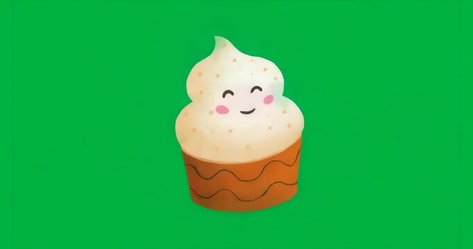 Appearing kawaii cupcake singing, changing face and glowing frosting looping on transparent canvas