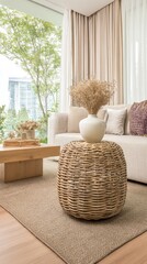 Modern living room with beige sofa and white vase on light brown rug
