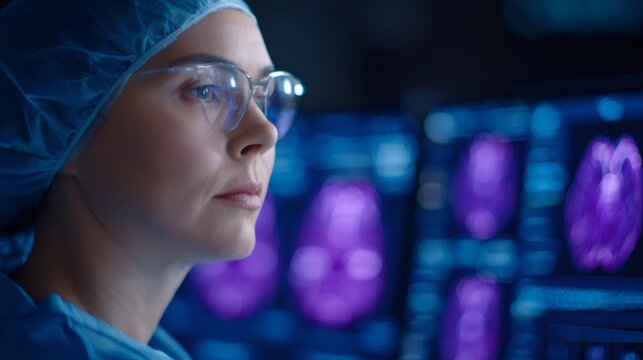 Woman surgeon or researcher looking at medical brain scan data. Innovative healthcare technology and diagnostic imaging for future medicine.