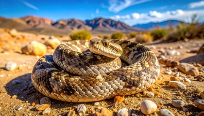 Naklejka premium Desert snake coiled on rocky ground under a bright sky