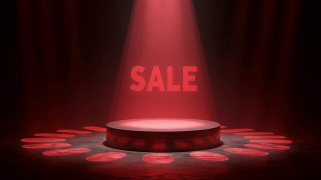 Red SALE text on spotlighted circular platform for dramatic promotional video