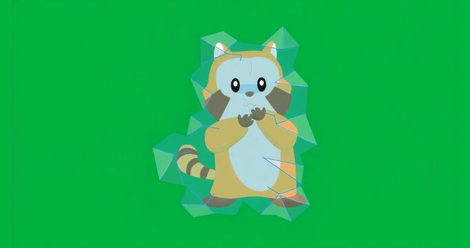 flickering crystal glitch activating raccoon opening eyes shifting gaze on transparent background