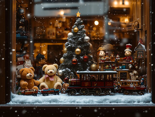 In the window of a vintage toy store at night. A vintage train moving around a Christmas tree, vintage teddy bears, nutcrackers, and wooden toys displayed on artificial snow.