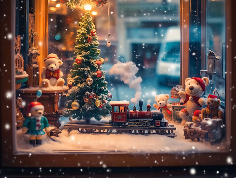 In the window of a vintage toy store at night. A vintage train moving around a Christmas tree, vintage teddy bears, nutcrackers, and wooden toys displayed on artificial snow.