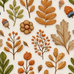 Autumnal Embroidery Pattern Warm toned Floral and Leaf Design