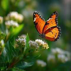 Obraz premium Orange and black butterfly flying over green milkweed leaves with white flowers, natural sunlight motion capture with blurred background