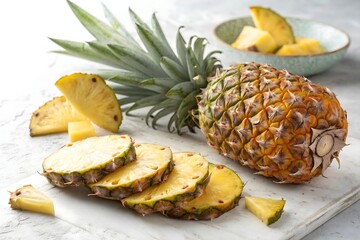 Pineapple and slices on white cutting board with bowl in background