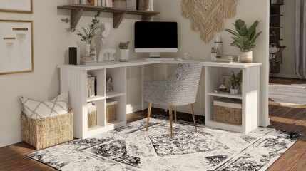 Home office with a white desk featuring open shelves and plants on top