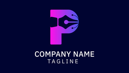 Vector art of elegant letter p logo design,featuring a pen nib, perfect for branding, writing, or creative businesses, with a modern and professional touch
