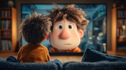A young boy watches an animated character on TV, showcasing a moment of curiosity and wonder in a cozy living room setting.