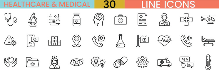 Healthcare medical icons set line art for hospitals clinics and health services digital applications vector