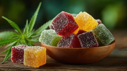 Colorful gummy candies in a wooden bowl, surrounded by greenery, creating a vibrant and inviting display.