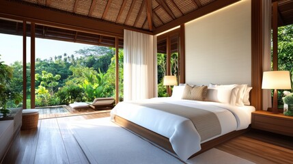 A private villa with a traditional thatched roof in Bali, exotic jungle retreat
