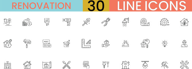 Collection of 30 renovation and construction related outline style icons for design vector