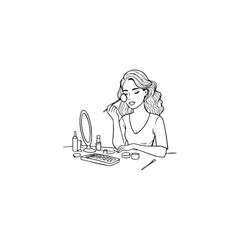 Black and white line art of a beautiful woman doing makeup at dressing table with mirror illustration