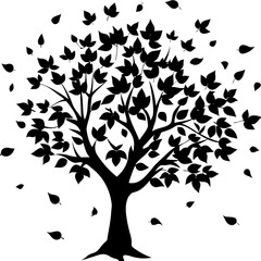 Black silhouette of a tree with falling leaves white 1