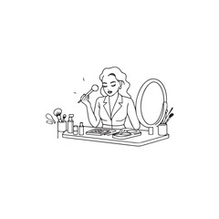 Black and white line art of a beautiful woman doing makeup at dressing table with mirror illustration
