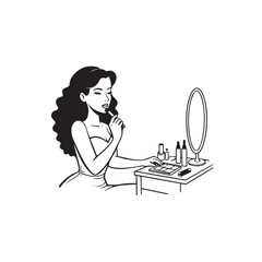 Black and white line art of a beautiful woman doing makeup at dressing table with mirror illustration