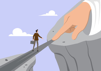 A businessman walks across a narrow bridge connecting two steep cliffs