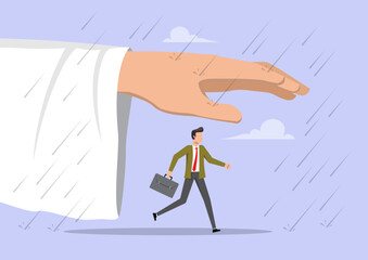 A businessman strides forward under the protective cover of Jesus hand