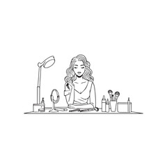Black and white line art of a beautiful woman doing makeup at dressing table with mirror illustration
