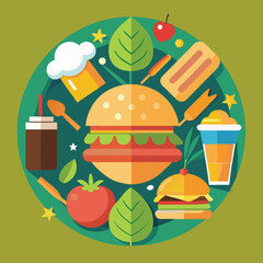 Vibrant food and restaurant themed graphic design with culinary elements