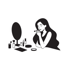 Black and white line art of a beautiful woman doing makeup at dressing table with mirror illustration