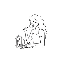 Black and white line art of a beautiful woman doing makeup at dressing table with mirror illustration