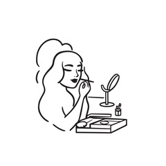 Black and white line art of a beautiful woman doing makeup at dressing table with mirror illustration