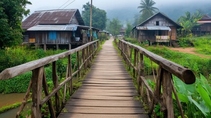 Fototapeta premium A quiet Mon village in Sangkhlaburi, mist covering the iconic wooden bridge