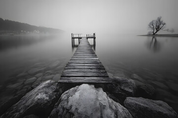 Wooden Pier on Calm Lake in Fog with Long Exposure Black and White