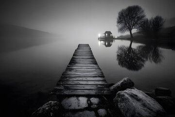 Wooden Pier on Calm Lake in Fog with Long Exposure Black and White