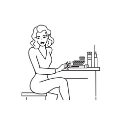 Black and white line art of a beautiful woman doing makeup at dressing table with mirror illustration