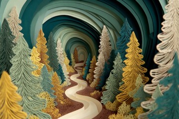 A whimsical paper-cut forest scene unfolds with winding paths and detailed trees in soft, earthy tones.