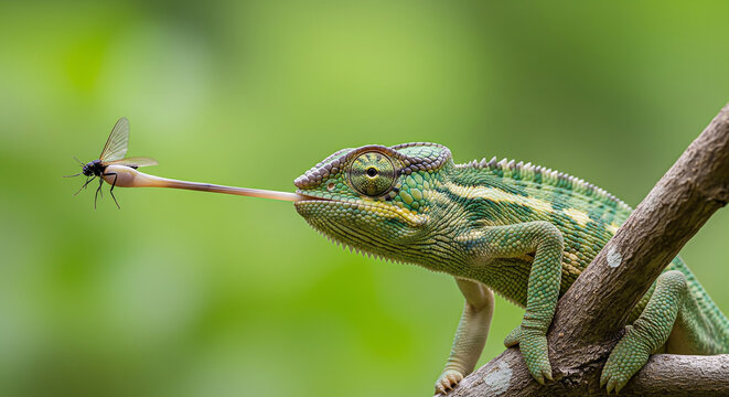 Close-up of chameleon catching an insect with its tongue, suitable for wildlife photography, nature documentaries, and educational content