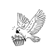 Cockatoo parrot flying with basket of cupcakes illustration vector drawing line art design template graphic © Dream