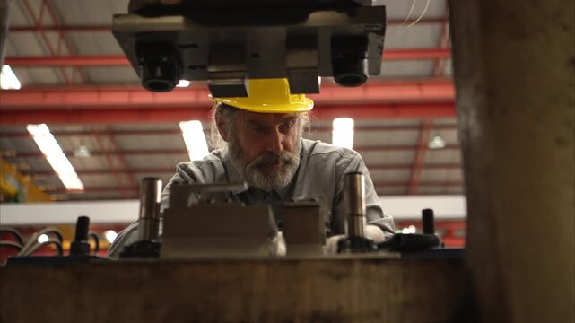 Senior experienced technician checking and maintenance a large machine in metal sheet factory